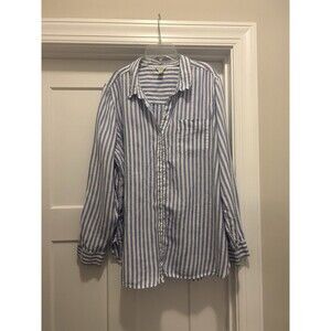 L.L. Bean Button Top Blouse Shirt Women Size 2X Blue Striped Linen Preppy Beach